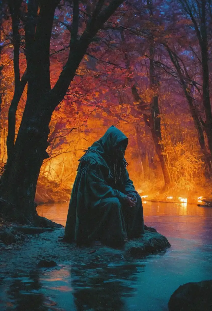 A cloaked figure seated by the edge of a tranquil body of water, within an autumnal forest setting. The trees are dense and display vibrant shades of orange and red. An ethereal glow emanates from behind the trees, casting a warm golden glow over the scene, which contrasts with the cool blue tones of twilight that permeate through the forest canopy and reflect off the water’s surface. 