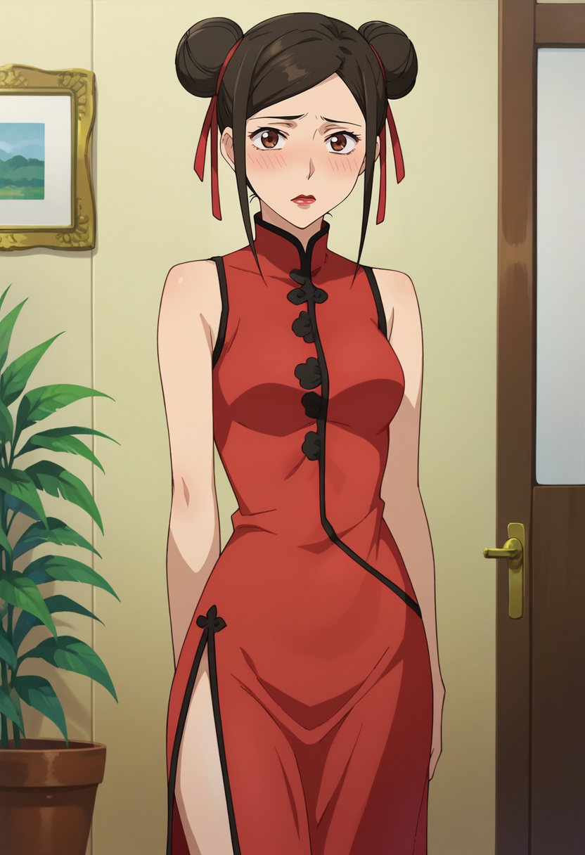 A woman with brown eyes and a slightly flushed face.  Her dark brown hair is styled in two high buns, each adorned with red ribbons. She is wearing a cheongsam, a form fitting red dress with black trim, featuring a high collar, a high slit on one side, and black buttons running down the front.  The background is a simple, beige-walled room with a wooden door to her right, and to her left, there is a potted plant with green leaves below a framed picture.