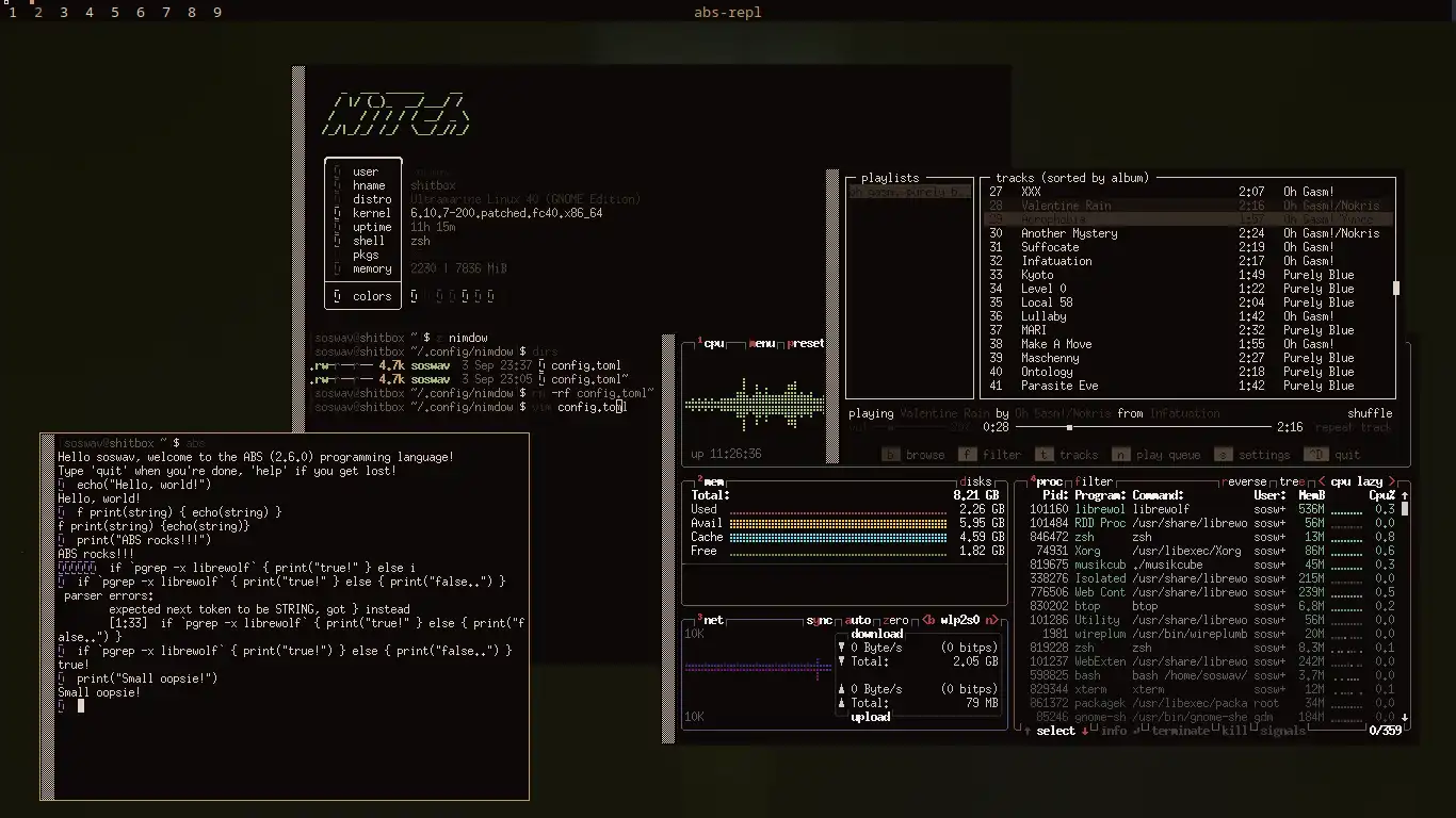 The Nimdow Window Manager showing various xTerm terminals, with most of them having something in them. 