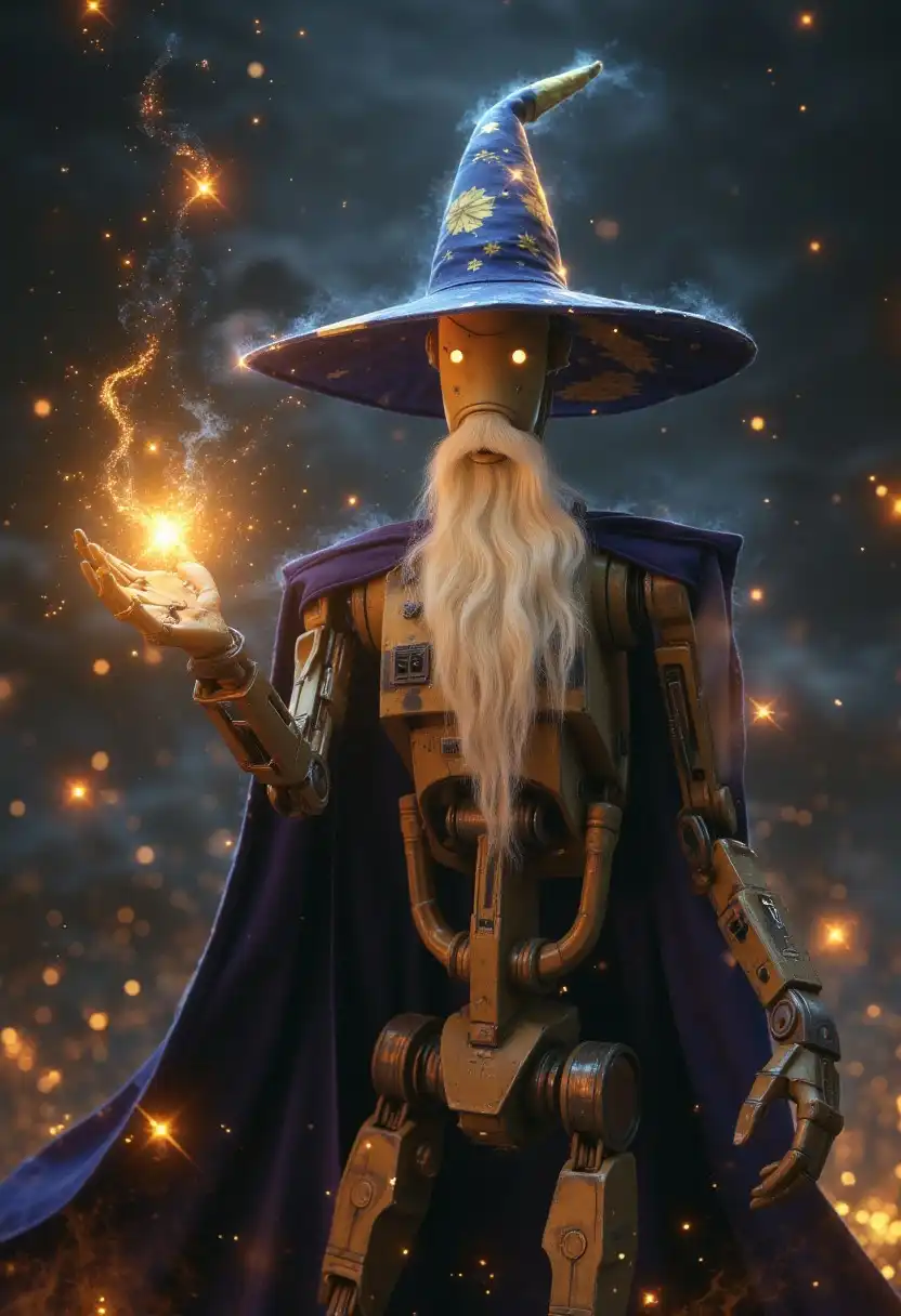 A robot adorned with a long, flowing purple cloak, an oversized pointed wizard’s hat decorated with golden stars. Beneath the hat are a pair of glowing eyes, and a long white beard that reaches down to the chest area of the robot. The body of the robot is distinctly mechanical; it has articulated metal arms and hands. One hand appears to be magic emanating from its palm—a glowing orb surrounded by smaller sparks.