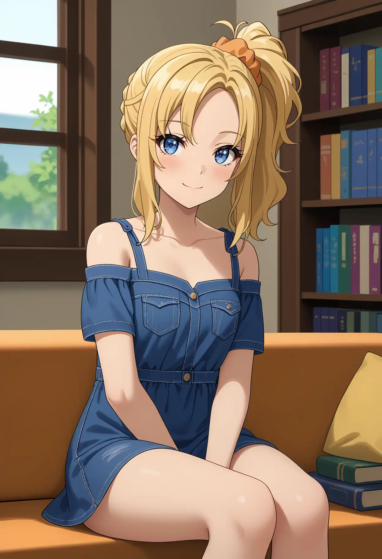 A young woman sitting on an orange couch in a cozy, indoor setting. She has blue eyes and blonde hair styled in a high ponytail with a scrunchie. She is wearing a casual blue denim dress. In the background, there is a large window to the left, through which green foliage can be seen. To the right, a wooden bookshelf filled with various books in different colors and sizes is visible, and there are a two books stacked on the couch next to her under a cushion.