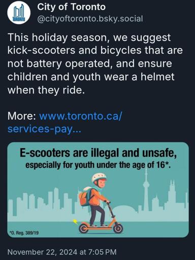 City of Toronto post on Bluesky: "This holiday season, we suggest kick-scooters and bicycles that are not battery operated, and ensure children and youth wear a helmet when they ride."