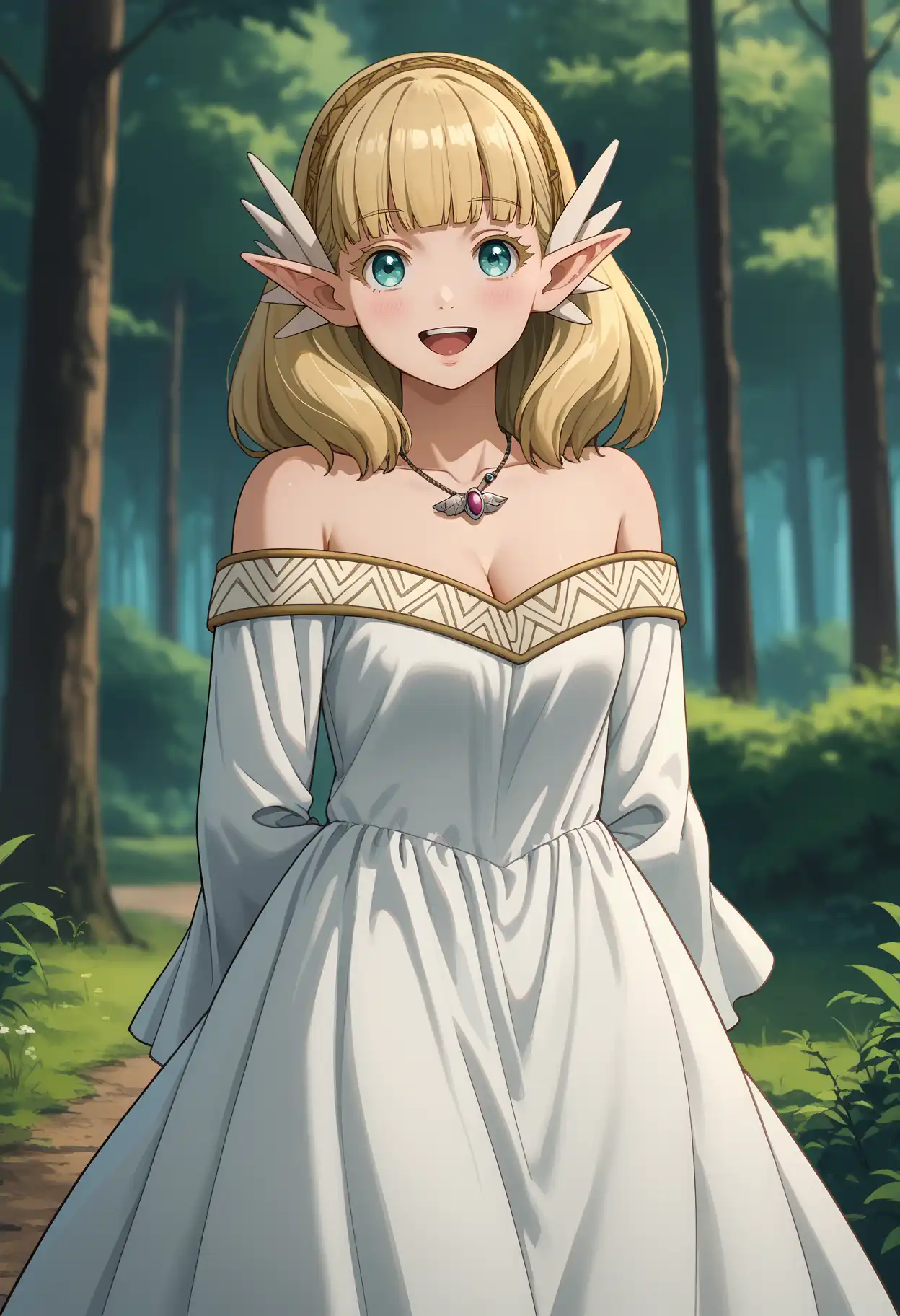 An elven woman standing in a forest. She has blue eyes, and blonde hair with bangs framing her face. She wears a long, off-the-shoulder white dress with a gold pattern around the neckline and sleeves, a necklace featuring a small, purple gemstone and a hairband with a pair of white, feather-like structures behind the ears.