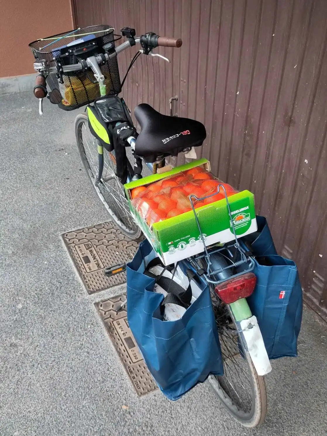 La mia bici tornando dalla spesa.

Sul portapacchi posteriore ho due borse belle piene, e una cassetta di clementine. Anche la cesta anteriore è carica