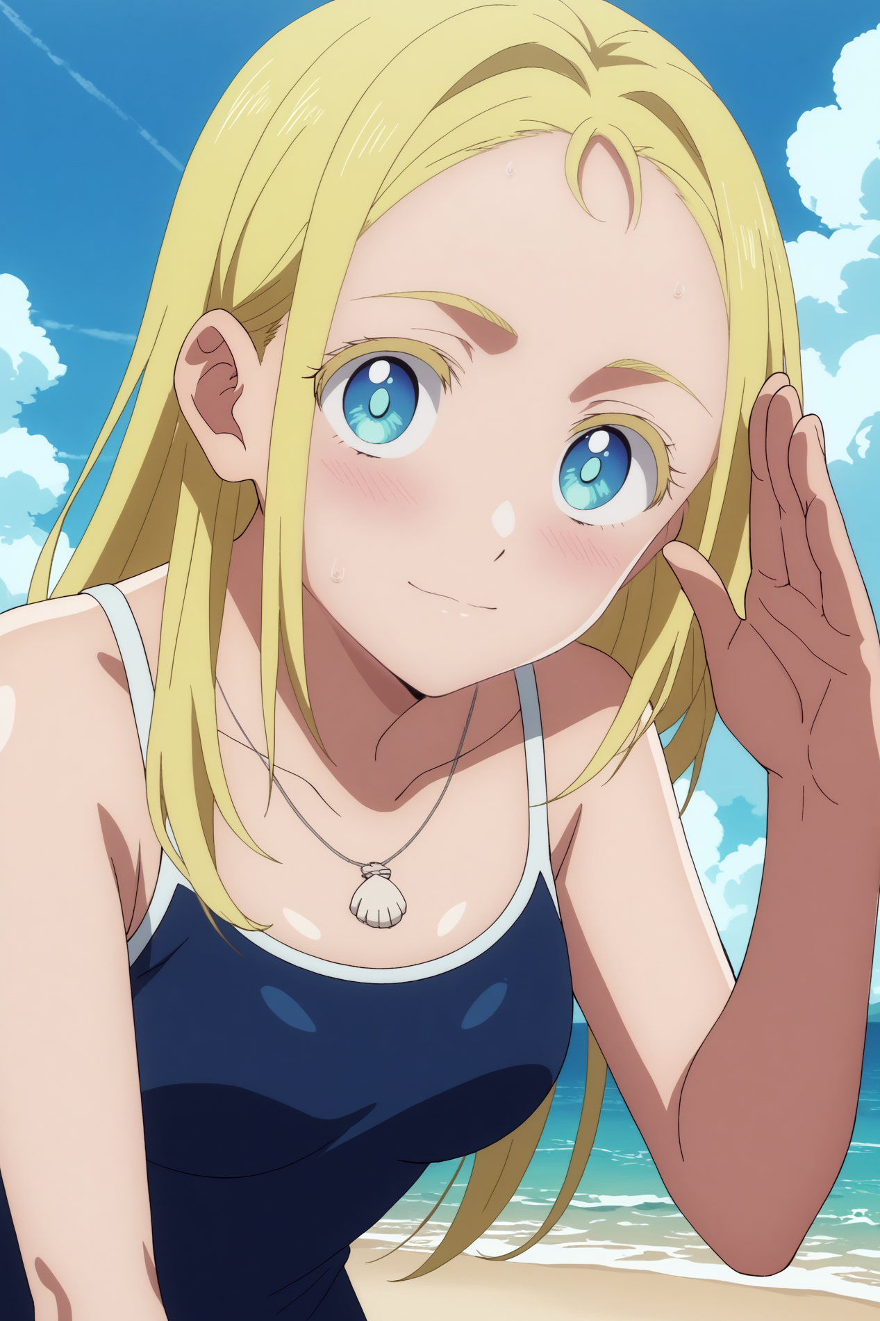 A close-up of a young woman with blonde and blue eyes standing on a sunny beach. She is wearing a navy blue one-piece swimsuit with white trim, and a necklace with a seashell pendant. She is shielding her face with her right hand, which is raised up to her eye. In the background, the bright blue sky is dotted with white clouds, and the ocean waves gently lap at the shore. 