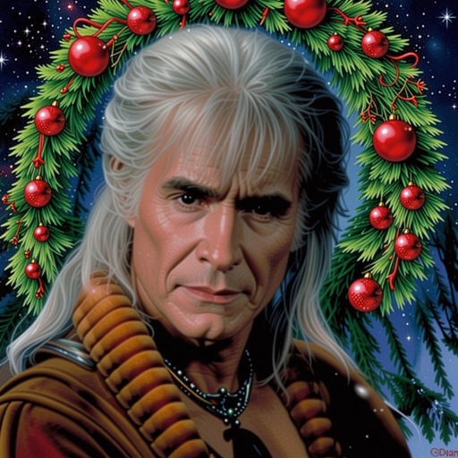 An image of Khan, with a Xmas wreath in the background 