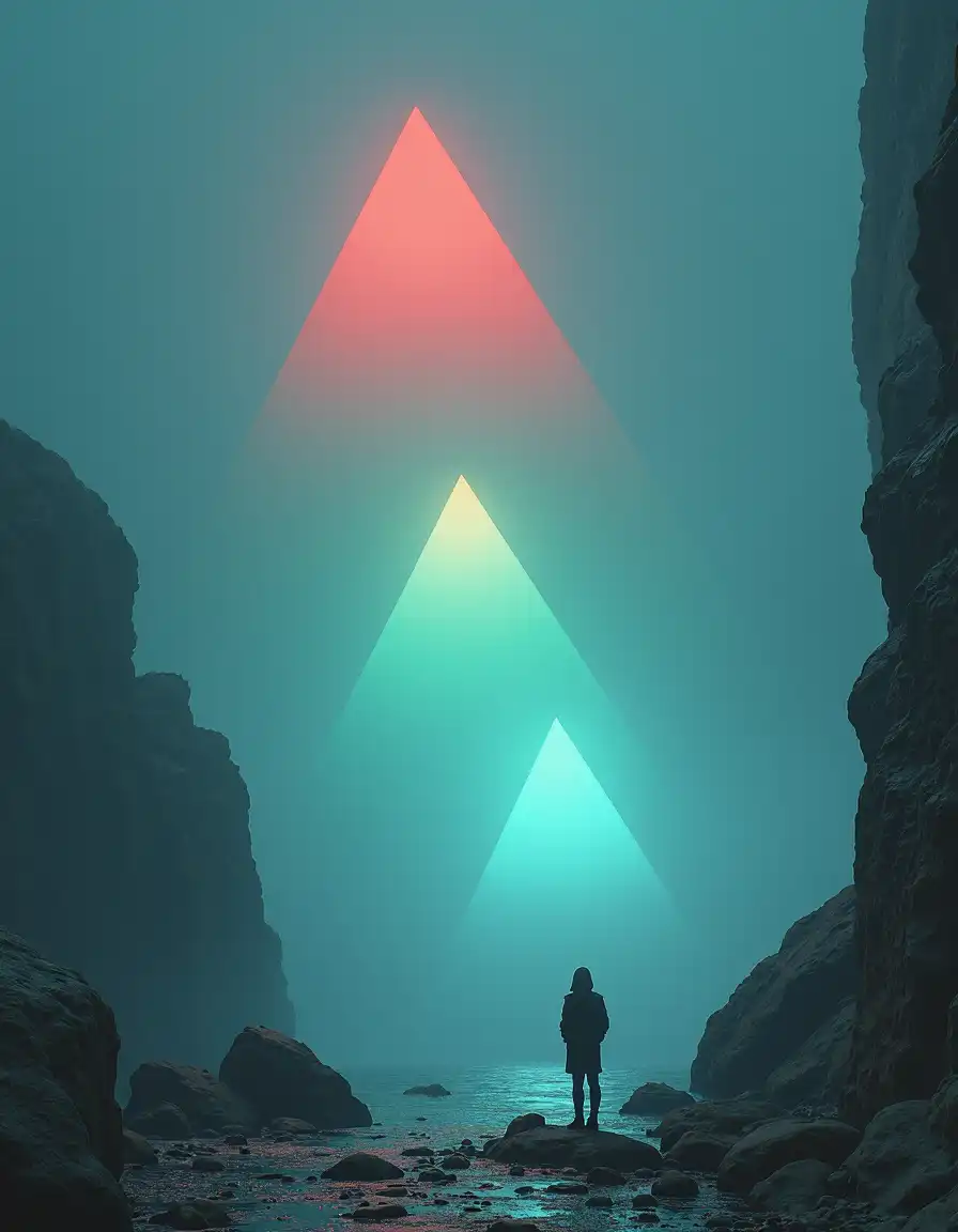 A figure standing on a rocky shore at the base of a large cliff face. Above the figure are enormous, glowing triangular shapes. The setting seems to be during twilight or pre-dawn hours due to the low ambient light, which adds to the mysterious and captivating atmosphere of the scene.