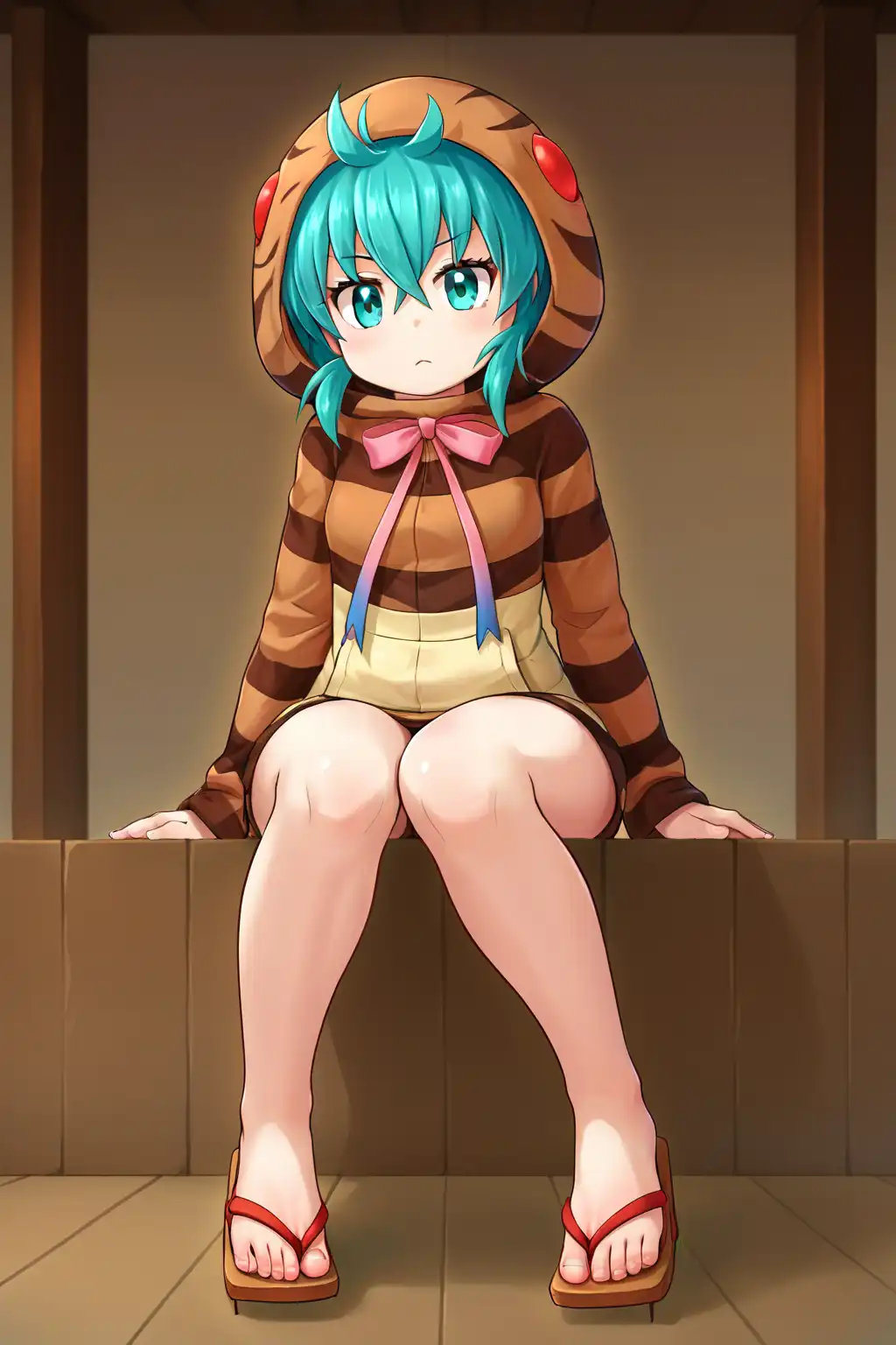 A girl with turquoise hair eyes blue eyes sitting on a wooden surface. She is wearing a brown, striped hooded sweater with a large pink bow tied around her neck. The hood of her sweater is shaped like a snake's head, with a red, glowing eye on each side, and brown flip-flops with red thongs. The background is simple, featuring a wooden floor and brown, vertical beams.