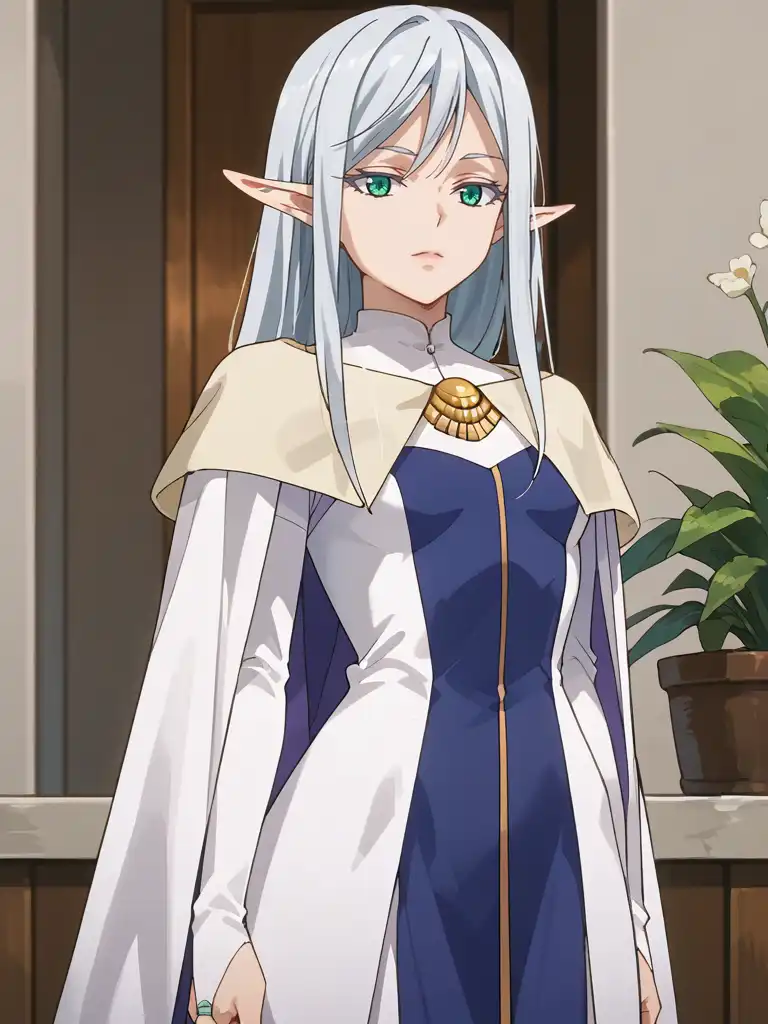 An elven woman standing with straight, silver hair that, and green eyes that give her a serious expression. She is wearing a long high collar dress that is predominantly white with a deep blue stripe going down the center with gold trim. A white cape is fastened at the neck with a golden clasp that matches the trim on her dress. In the background, there is a wooden door with a simple design and to the right, there is a potted plant with green leaves and white flowers.