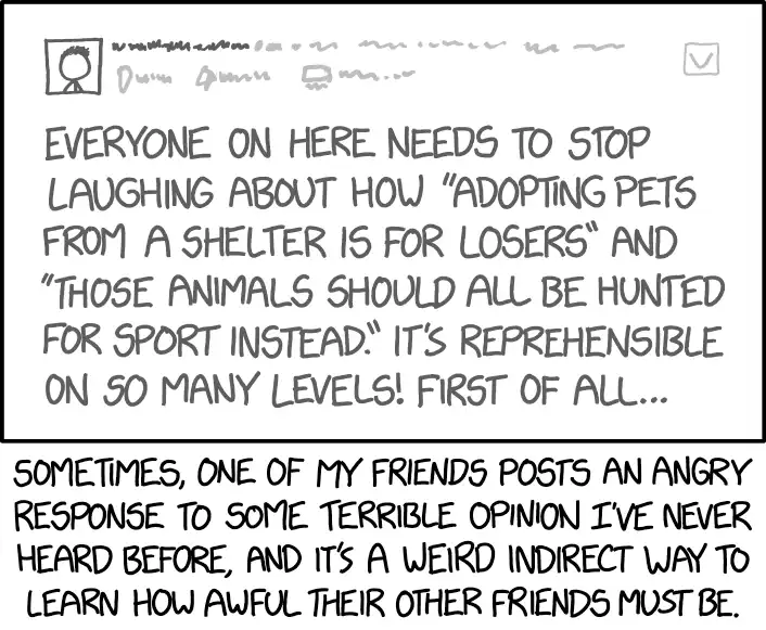 Xkcd comic. A man posts: "everyone on here needs to stop laughing about how people adopting animals from shelters are losers and those animals should be shot for sport. Its so wrong on so many levels. First of all...". It's captioned: every so often your friend post an angry response to a horrible view you've never heard and it's a weird indirect way to find out how horrible their other friends are."