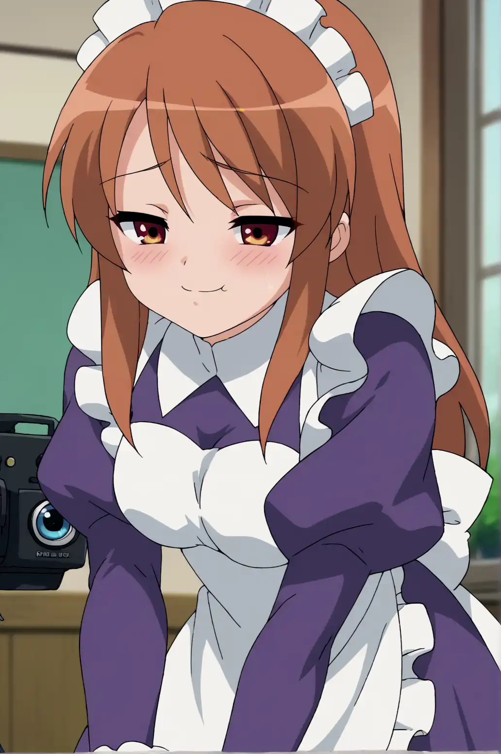 A young woman with light brown hair, that falls past her shoulders. She has brown eyes with a slight blush on her cheeks, giving her a shy or embarrassed expression. She is wearing a maid outfit, which consists of a white apron with a large bow in the back, a white frilled headband, and a long-sleeved, purple dress with a high collar and puffed sleeves. In the background, there is a blurred, indoor setting with a wooden counter on the left side of the image. On the desk or counter, there is a camera with a large lens and a hint of green from a window on the right side.