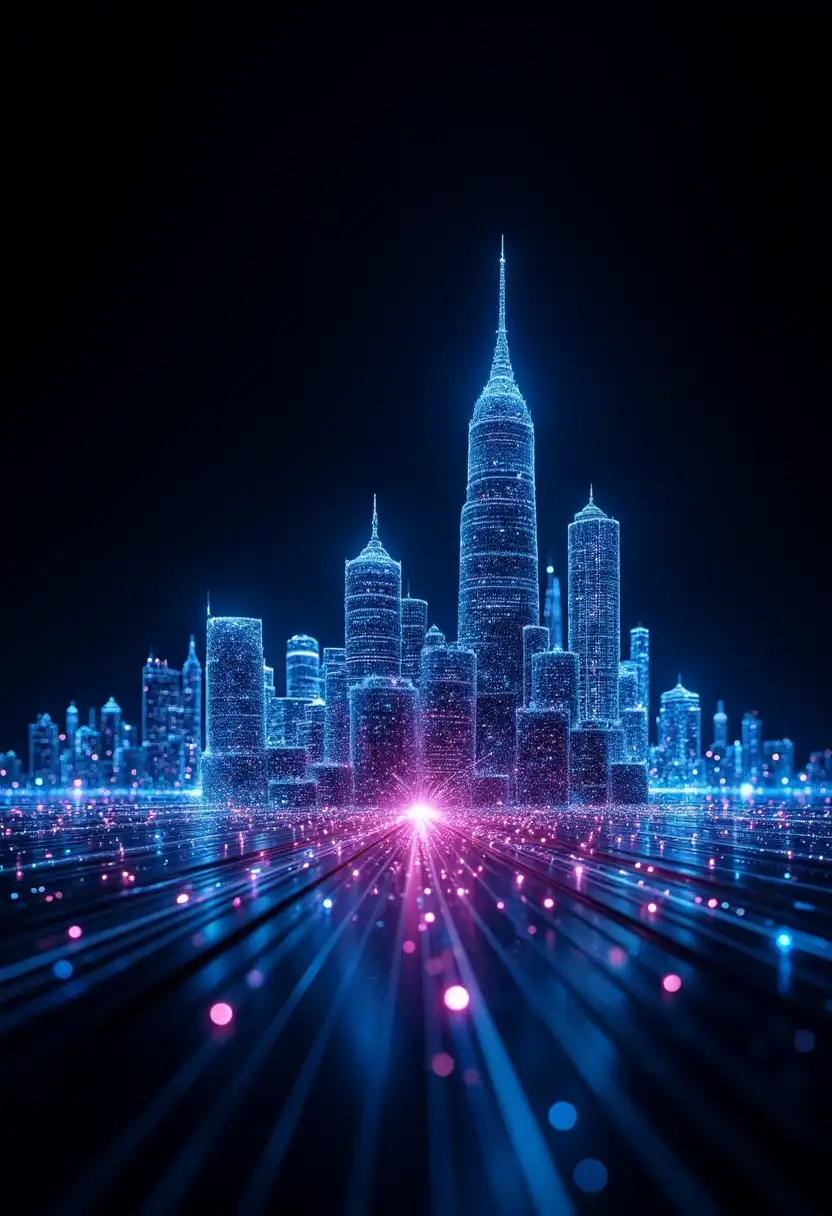 The image depicts a city skyline with a prominent, are stylized with a neon blue glow and surrounded by numerous points of light. From the center of the image, radiant pink light beams streak towards the viewer in a symmetrical pattern, creating a dynamic sense of movement and energy.