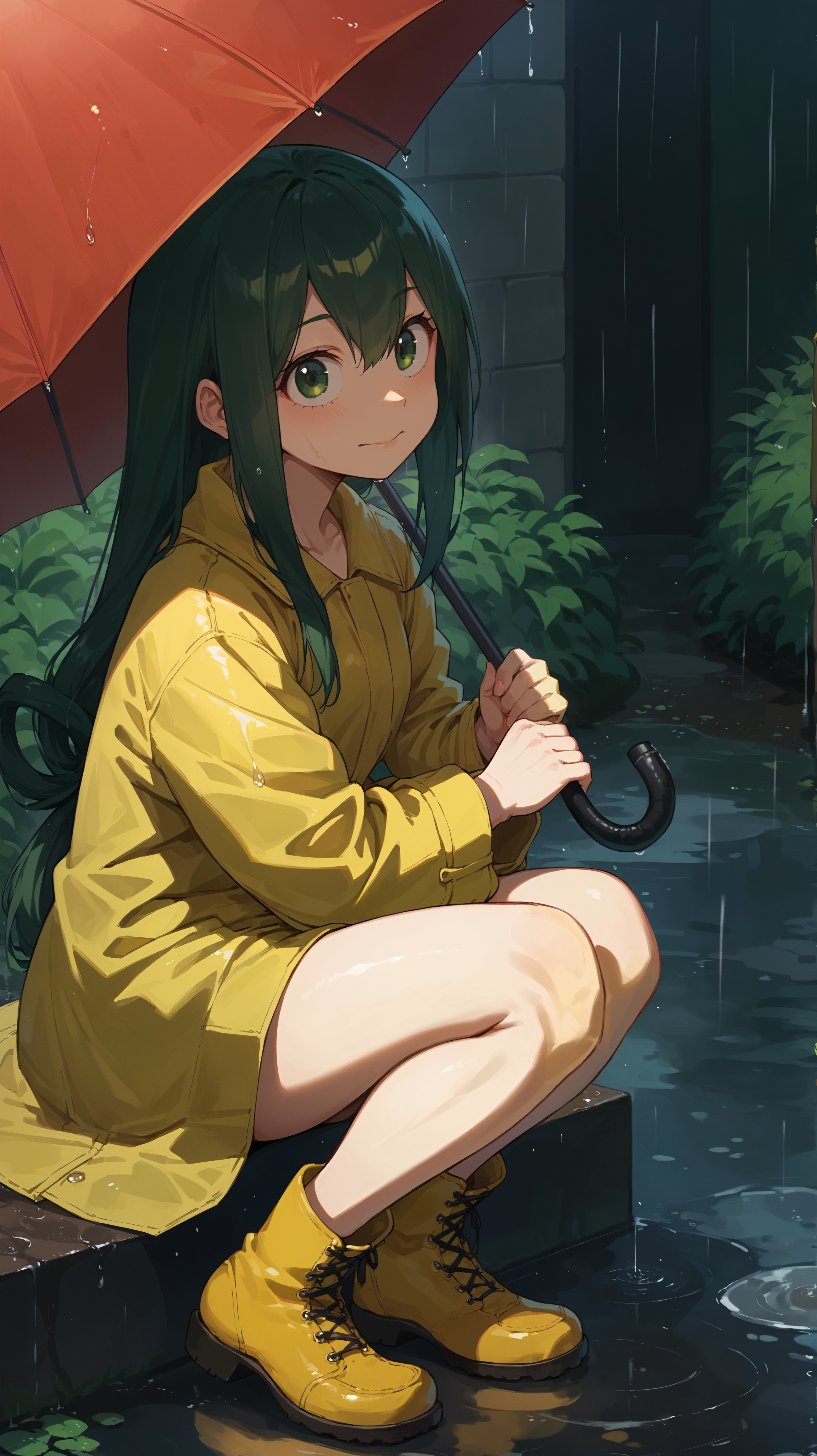 A young woman sitting on a wet curb holding a red umbrella over her head. She has long, dark green hair tied in a bow that cascades down her back, and she is wearing a bright yellow raincoat. Her expression is calm and composed, and she is holding the umbrella with both hands, sheltering herself from the rain. The background shows a rainy scene with a dimly lit, gray wall and along with some green bushes on either side. 