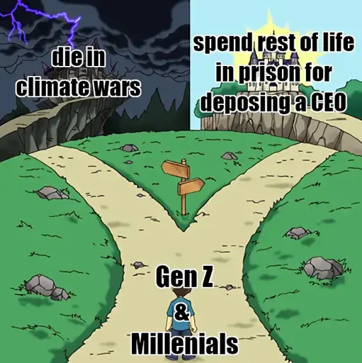 Boy labeled "Gen Z & Millenials" standing at crossroads. Road on the left leads to a decrepit mansion labeled "die in climate wars", road on the right leads to a castle labeled "spend rest of life in prison for deposing a CEO"